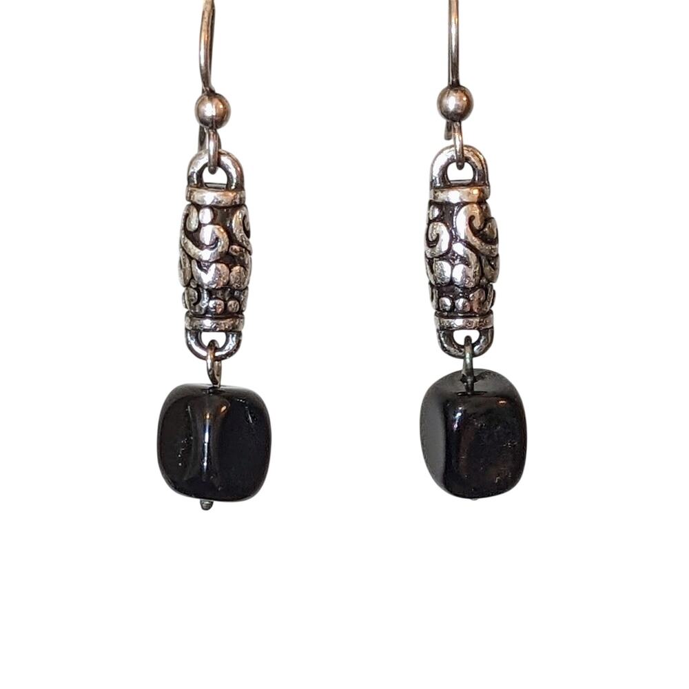 Black Square Gemstone & Silver Tone Deco Lace Elongated Bead Dangle Earrings